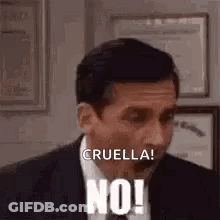 A Man In A Suit And Tie Is Making A Funny Face And Saying `` Cruella ! No ! '' GIF