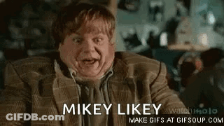 A Man In A Suit And Tie Is Making A Funny Face And Saying `` Mikey Likey '' . GIF