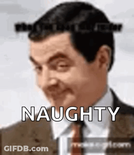 A Man In A Suit And Tie Is Making A Funny Face And The Word Naughty Is Visible Behind Him . GIF