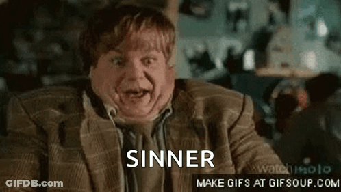 A Man In A Suit And Tie Is Making A Funny Face And The Word Sinner Is Behind Him . GIF