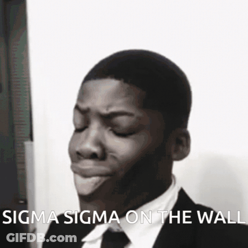 A Man In A Suit And Tie Is Making A Funny Face With The Words Sigma Sigma On The Wall Above Him GIF