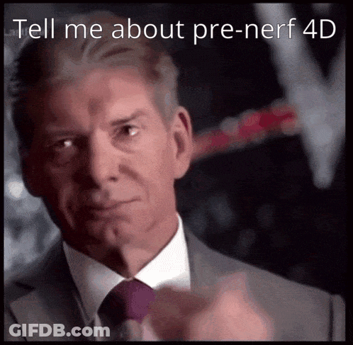 A Man In A Suit And Tie Is Pointing At The Camera With The Words Tell Me About Pre-Nerf 4D Above Him GIF