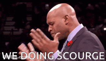 A Man In A Suit And Tie Is Praying With The Words We Doing Scourge Written Below Him GIF