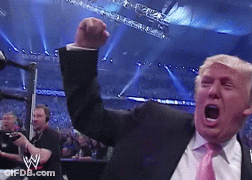 A Man In A Suit And Tie Is Raising His Fist In The Air In A Wrestling Ring . GIF