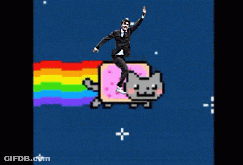 A Man In A Suit And Tie Is Riding On The Back Of A Nyan Cat GIF