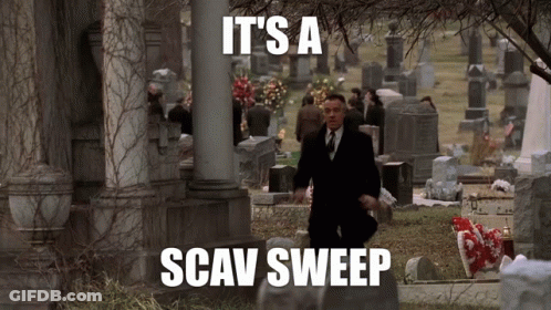 A Man In A Suit And Tie Is Running Through A Cemetery With The Caption It 'S A Scav Sweep GIF