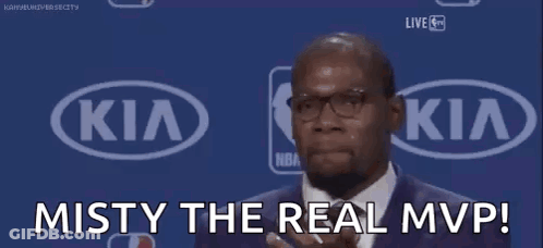 A Man In A Suit And Tie Is Saying Misty The Real Mvp . GIF