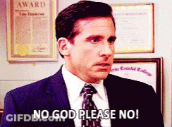 A Man In A Suit And Tie Is Saying " No God Please No " GIF