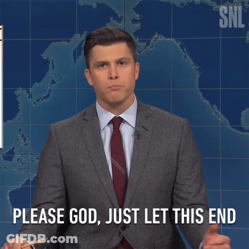 A Man In A Suit And Tie Is Saying " Please God Just Let This End " GIF