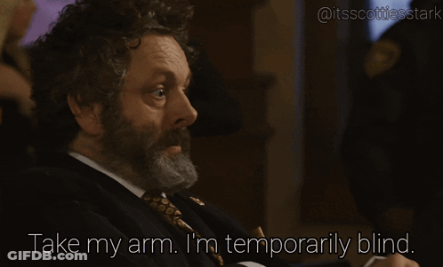 A Man In A Suit And Tie Is Saying " Take My Arm I 'M Temporarily Blind " GIF