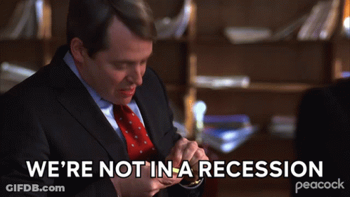 A Man In A Suit And Tie Is Saying " We 'Re Not In A Recession " GIF