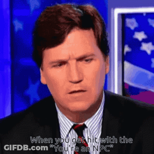 A Man In A Suit And Tie Is Saying " When You Get Hit With The " You 'Re An Npc " GIF