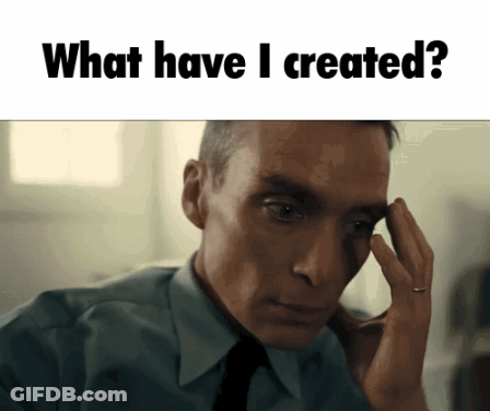 A Man In A Suit And Tie Is Scratching His Forehead With The Words What Have I Created Above Him GIF