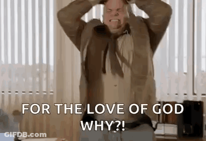A Man In A Suit And Tie Is Screaming With His Hands On His Head And Says `` For The Love Of God Why ? '' GIF