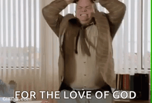 A Man In A Suit And Tie Is Screaming With His Hands On His Head And The Words For The Love Of God Above Him . GIF