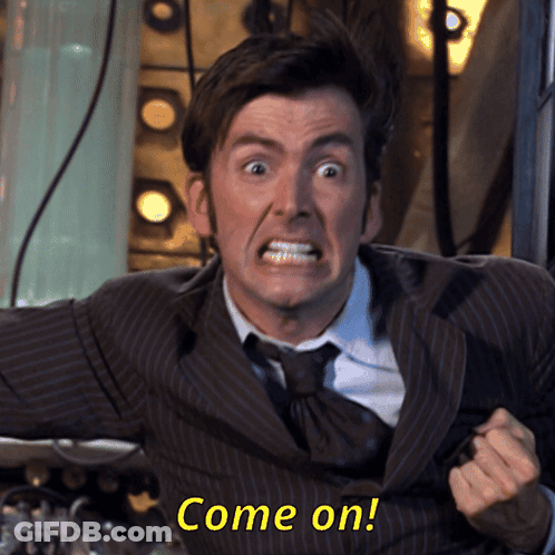A Man In A Suit And Tie Is Screaming With The Words Come On Written Below Him GIF