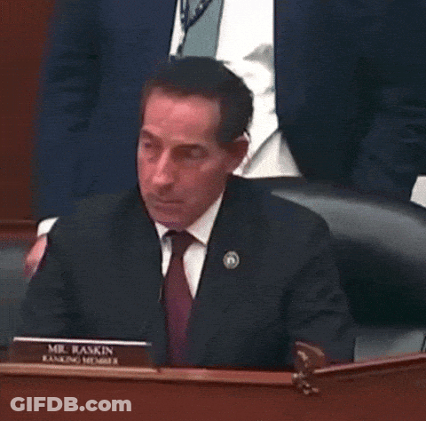 A Man In A Suit And Tie Is Sitting At A Desk With A Name Tag That Says Mr. Raskin GIF