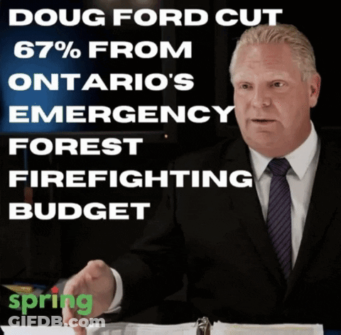 A Man In A Suit And Tie Is Sitting At A Desk With The Words Doug Ford Cut 67% From Ontario 'S GIF