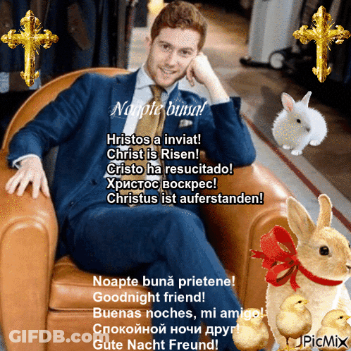 A Man In A Suit And Tie Is Sitting In A Chair With A Picture Of A Rabbit And Chicks Behind Him GIF