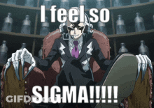 A Man In A Suit And Tie Is Sitting In A Chair With The Words I Feel So Sigma !!! Below Him GIF