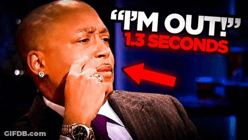 A Man In A Suit And Tie Is Sitting In Front Of A Sign That Says " I 'M Out 1.3 Seconds " . GIF