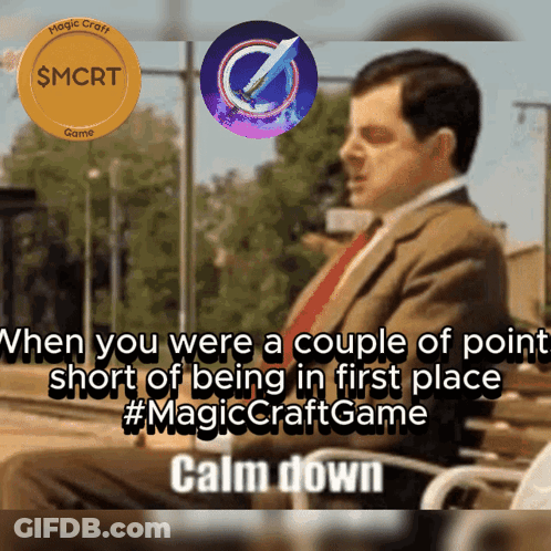 A Man In A Suit And Tie Is Sitting In Front Of A Sign That Says $ Mcrt Game GIF