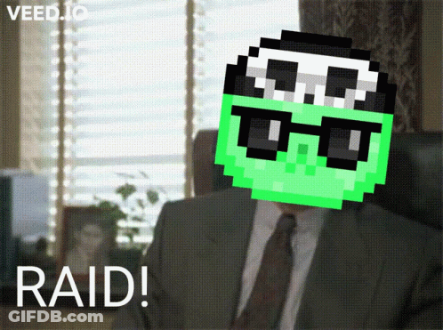 A Man In A Suit And Tie Is Sitting In Front Of A Window With A Pixelated Face And The Words Raid Below Him GIF