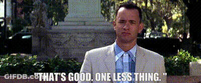 A Man In A Suit And Tie Is Sitting On A Bench And Says That 'S Good One Less Thing . GIF