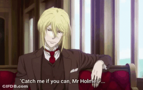 A Man In A Suit And Tie Is Sitting On A Couch And Says " Catch Me If You Can Mr. Holmes " GIF