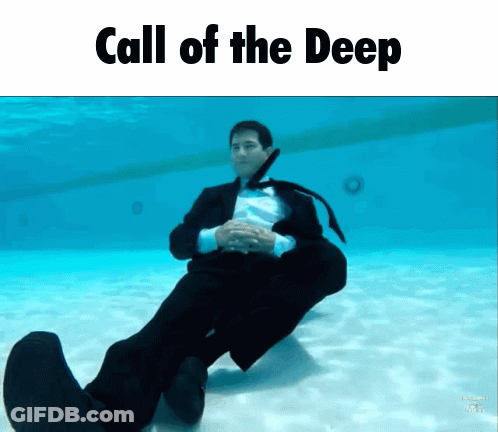 A Man In A Suit And Tie Is Sitting Underwater With The Words Call Of The Deep Below Him GIF