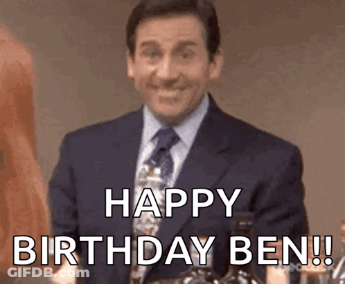 A Man In A Suit And Tie Is Smiling And Says Happy Birthday Ben . GIF