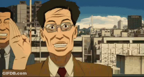 A Man In A Suit And Tie Is Smiling In Front Of A City Skyline GIF