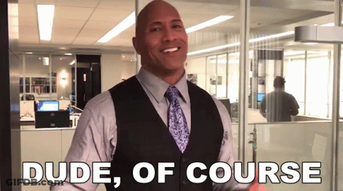 A Man In A Suit And Tie Is Smiling With The Words Dude Of Course Below Him GIF