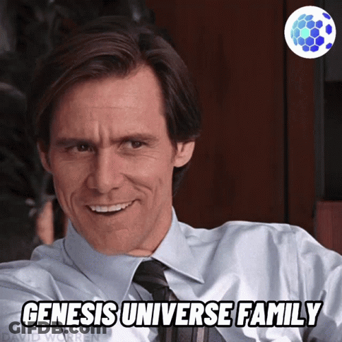 A Man In A Suit And Tie Is Smiling With The Words Genesis Universe Family Above Him GIF