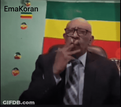 A Man In A Suit And Tie Is Smoking A Cigarette In Front Of A Flag That Says Emakoran GIF