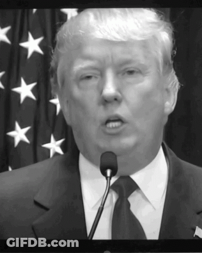 A Man In A Suit And Tie Is Speaking Into A Microphone In Front Of An American Flag GIF