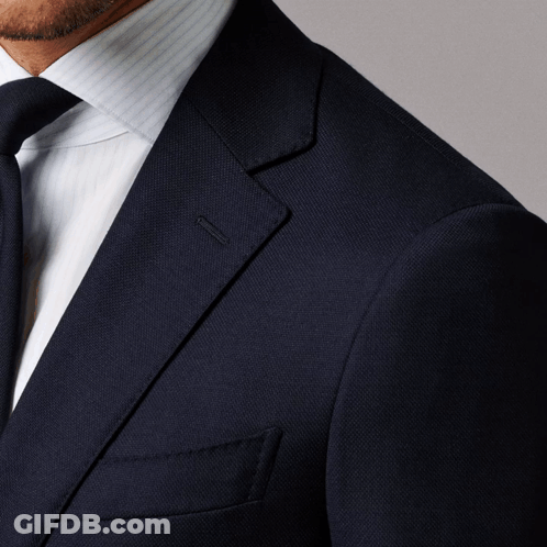 A Man In A Suit And Tie Is Standing Against A Grey Background GIF