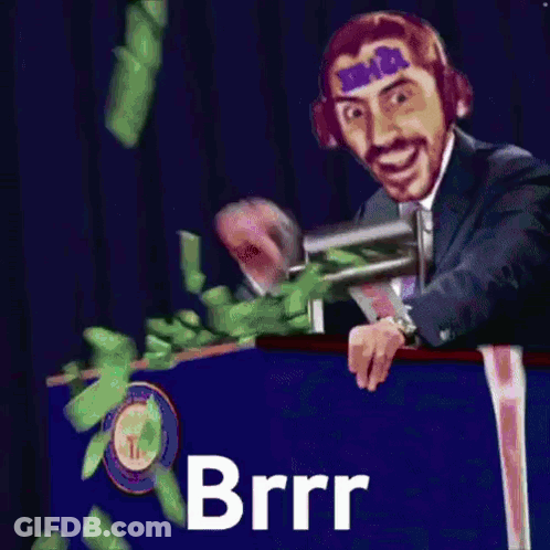 A Man In A Suit And Tie Is Standing Behind A Podium With Money Falling Around Him And The Words Brrr On The Bottom Right GIF