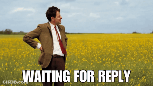 A Man In A Suit And Tie Is Standing In A Field Of Yellow Flowers With The Words Waiting For Reply Above Him GIF