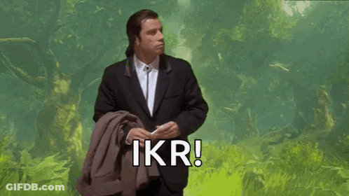A Man In A Suit And Tie Is Standing In A Field With The Word Ikr Written On The Bottom GIF