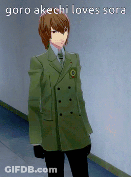 A Man In A Suit And Tie Is Standing In A Hallway With A Caption That Says " Goro Akichi Loves Sora " GIF