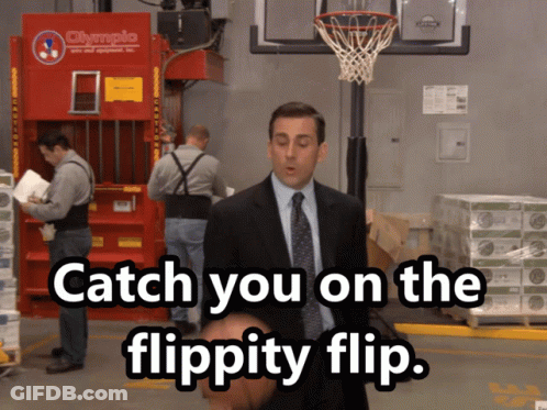 A Man In A Suit And Tie Is Standing In Front Of A Basketball Hoop With The Words Catch You On The Flippity Flip GIF
