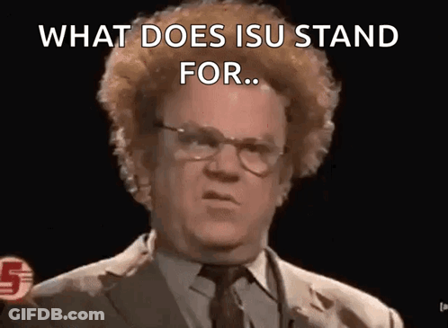 A Man In A Suit And Tie Is Standing In Front Of A Black Background And Asking What Does Isu Stand For . GIF
