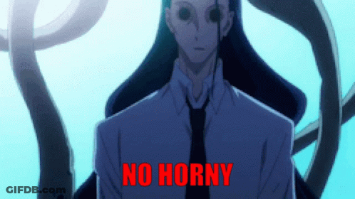 A Man In A Suit And Tie Is Standing In Front Of A Blue Background With The Words `` No Horny '' Above Him . GIF