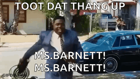 A Man In A Suit And Tie Is Standing In Front Of A Blue Car With The Words Toot Dat Thang Up Ms Barnett GIF