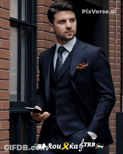 A Man In A Suit And Tie Is Standing In Front Of A Brick Building With Pixverse.ai Written On The Bottom GIF