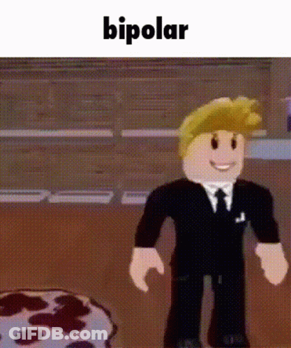 A Man In A Suit And Tie Is Standing In Front Of A Cake And The Word Bipolar Is On The Bottom GIF