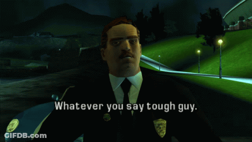A Man In A Suit And Tie Is Standing In Front Of A Car And Says " Whatever You Say Tough Guy " GIF