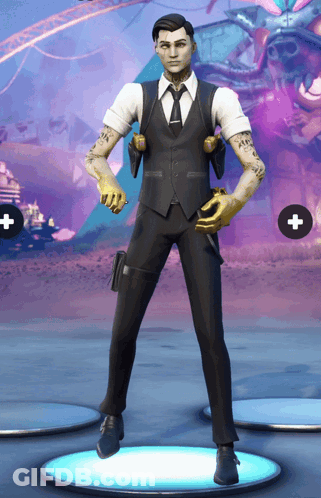 A Man In A Suit And Tie Is Standing In Front Of A Colorful Background GIF