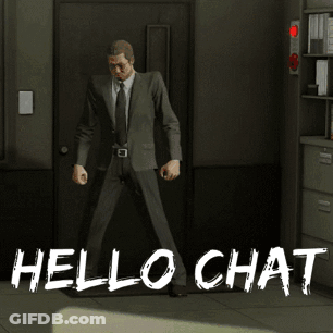 A Man In A Suit And Tie Is Standing In Front Of A Door That Says " Hello Chat " GIF
